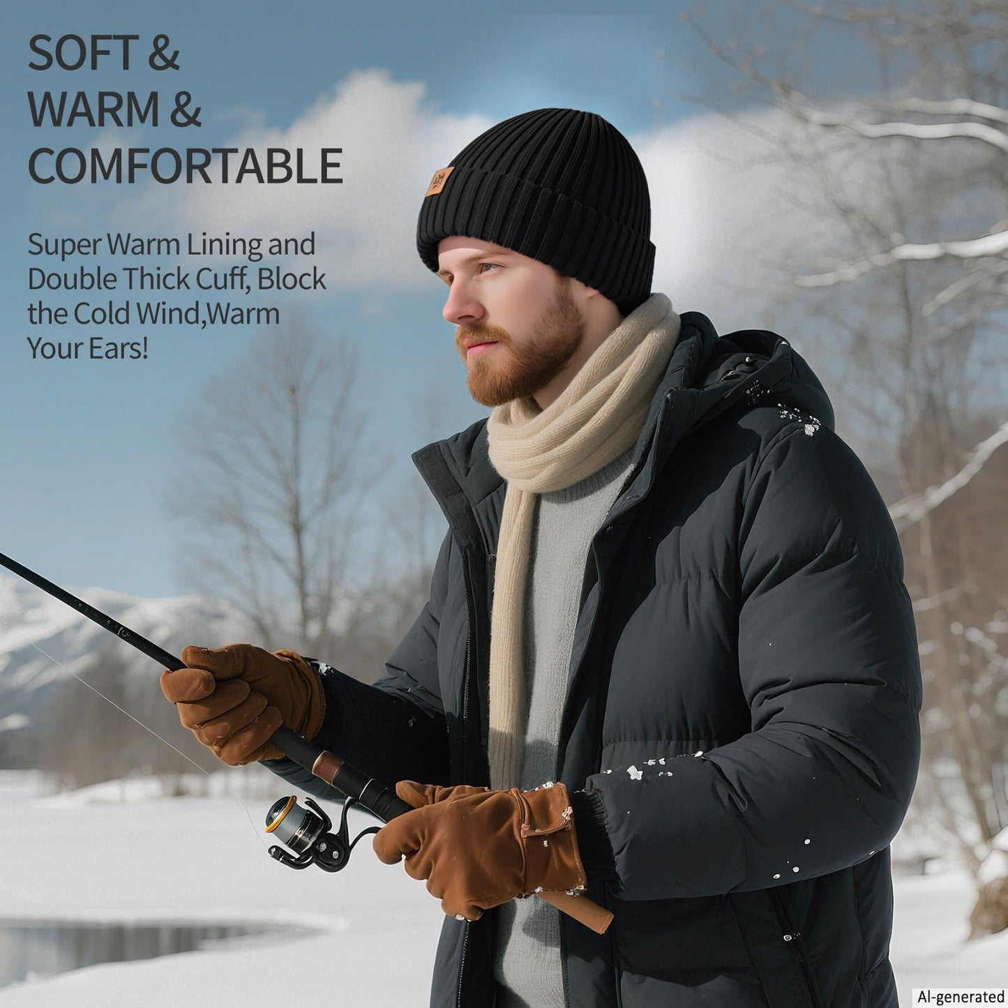 Unisex black warm knitted winter hat, fleece lining, soft and warm, ski hat, narrow brim, suitable for cold weather.