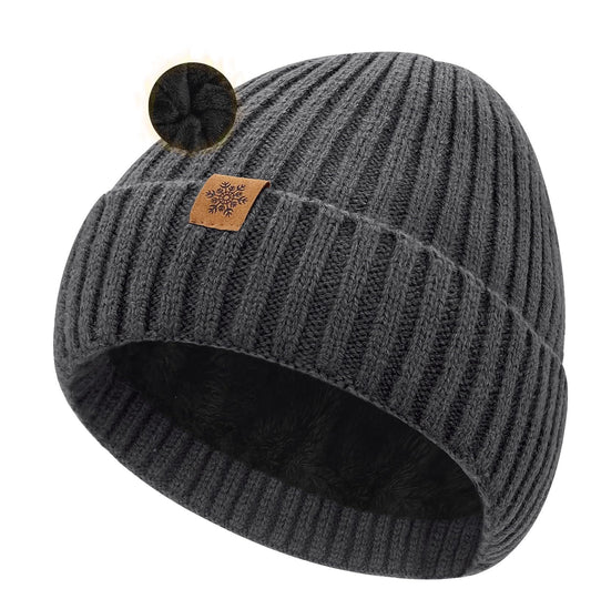 Unisex dark gray warm knitted winter hat, fleece lining, soft and warm, ski hat, narrow brim, suitable for cold weather.