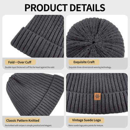 Unisex dark gray warm knitted winter hat, fleece lining, soft and warm, ski hat, narrow brim, suitable for cold weather.