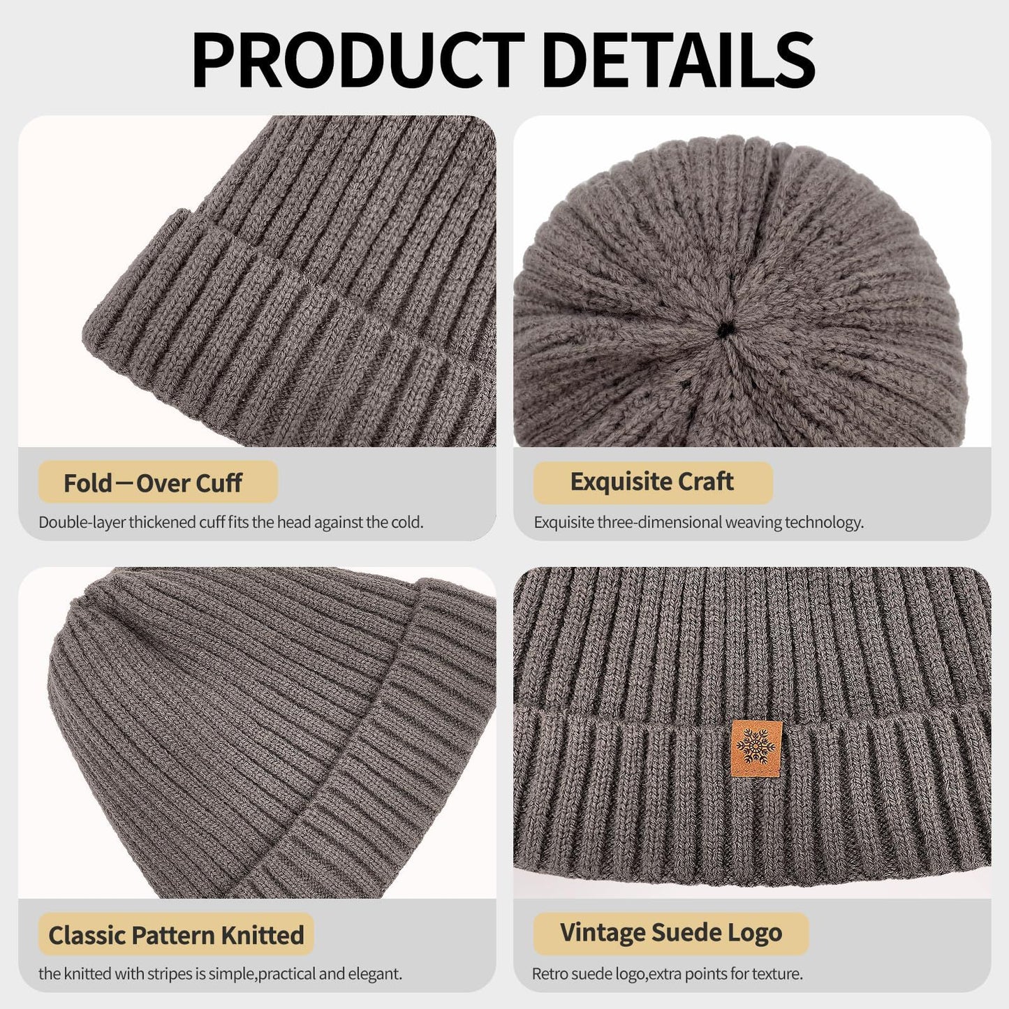 Unisex brown warm knitted winter hat, fleece lining, soft and warm, ski hat, narrow brim, suitable for cold weather.