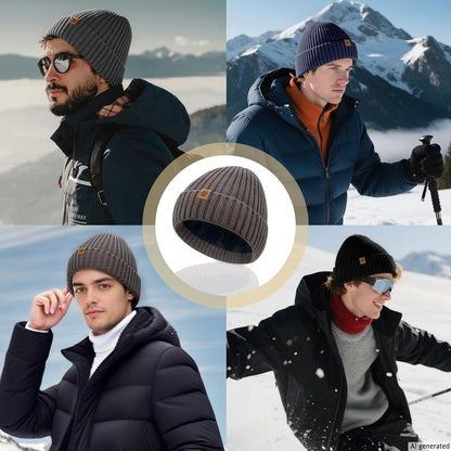 Unisex brown warm knitted winter hat, fleece lining, soft and warm, ski hat, narrow brim, suitable for cold weather.