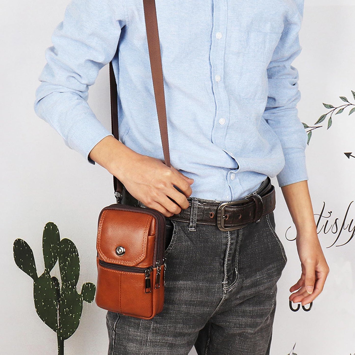 Brown genuine Leather Men’s Crossbody Waist Bag, Multifunctional Belt Pouch, Portable Outdoor Phone & ID Card Holder, Casual Fanny Pack for Daily‑use