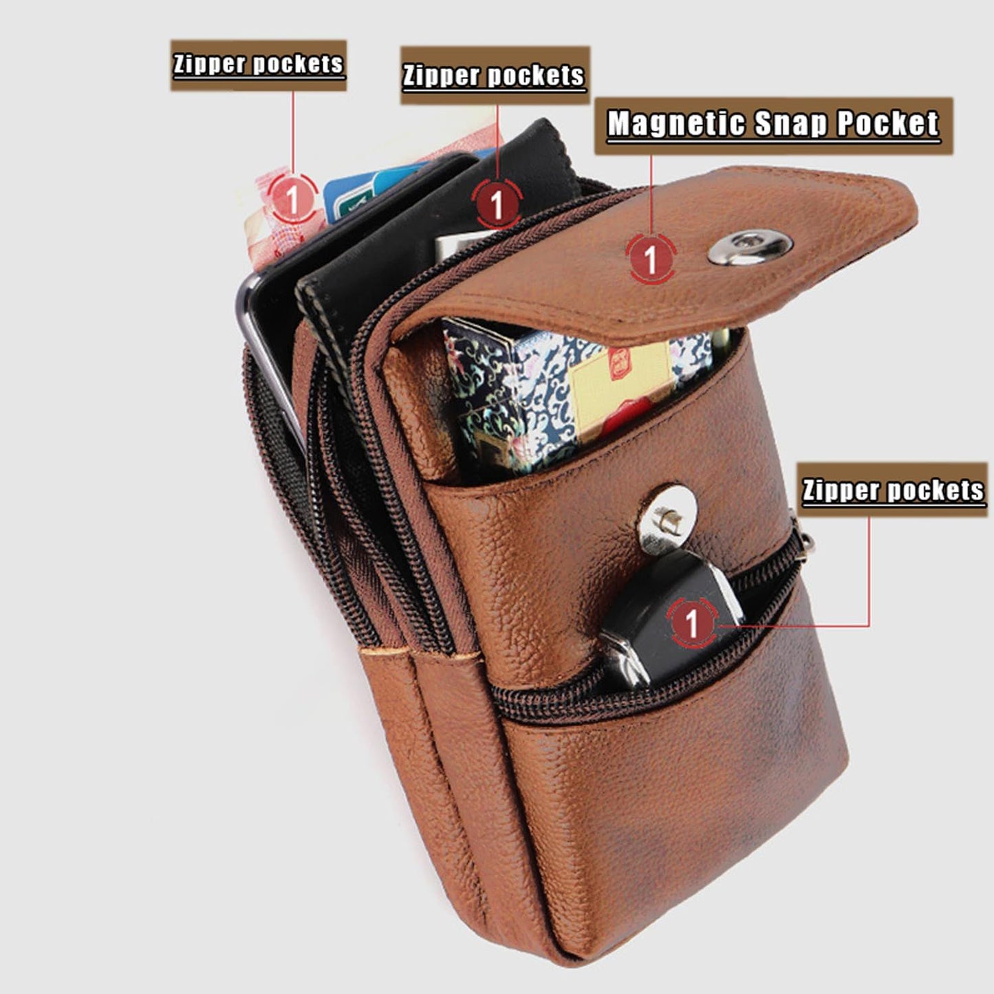 Brown genuine Leather Men’s Crossbody Waist Bag, Multifunctional Belt Pouch, Portable Outdoor Phone & ID Card Holder, Casual Fanny Pack for Daily‑use