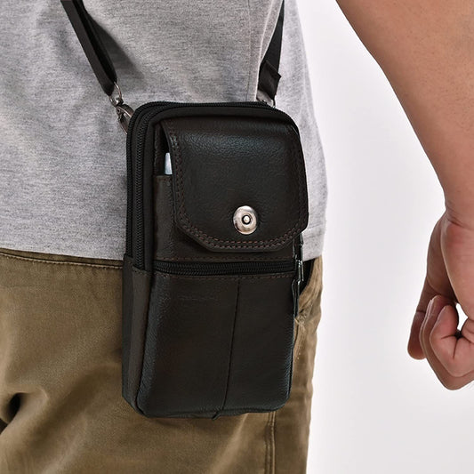 Black genuine Leather Men’s Crossbody Waist Bag, Multifunctional Belt Pouch, Portable Outdoor Phone & ID Card Holder, Casual Fanny Pack for Daily‑use