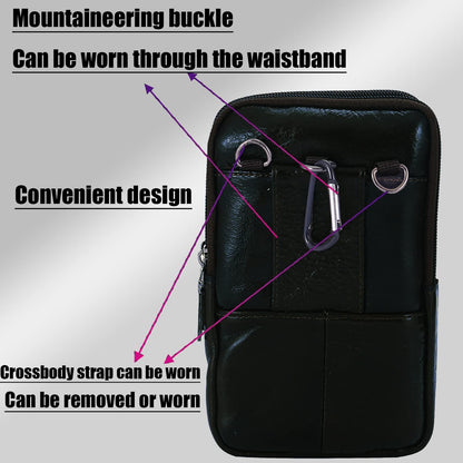 Black genuine Leather Men’s Crossbody Waist Bag, Multifunctional Belt Pouch, Portable Outdoor Phone & ID Card Holder, Casual Fanny Pack for Daily‑use