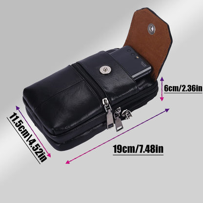 Black genuine Leather Men’s Crossbody Waist Bag, Multifunctional Belt Pouch, Portable Outdoor Phone & ID Card Holder, Casual Fanny Pack for Daily‑use