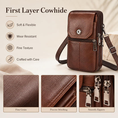 Coffee genuine Leather Men’s Crossbody Waist Bag, Multifunctional Belt Pouch, Portable Outdoor Phone & ID Card Holder, Casual Fanny Pack for Daily‑use