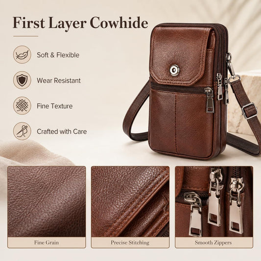 Coffee genuine Leather Men’s Crossbody Waist Bag, Multifunctional Belt Pouch, Portable Outdoor Phone & ID Card Holder, Casual Fanny Pack for Daily‑use