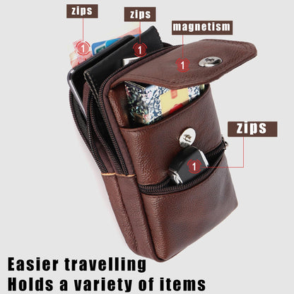 Coffee genuine Leather Men’s Crossbody Waist Bag, Multifunctional Belt Pouch, Portable Outdoor Phone & ID Card Holder, Casual Fanny Pack for Daily‑use