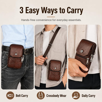 Coffee genuine Leather Men’s Crossbody Waist Bag, Multifunctional Belt Pouch, Portable Outdoor Phone & ID Card Holder, Casual Fanny Pack for Daily‑use