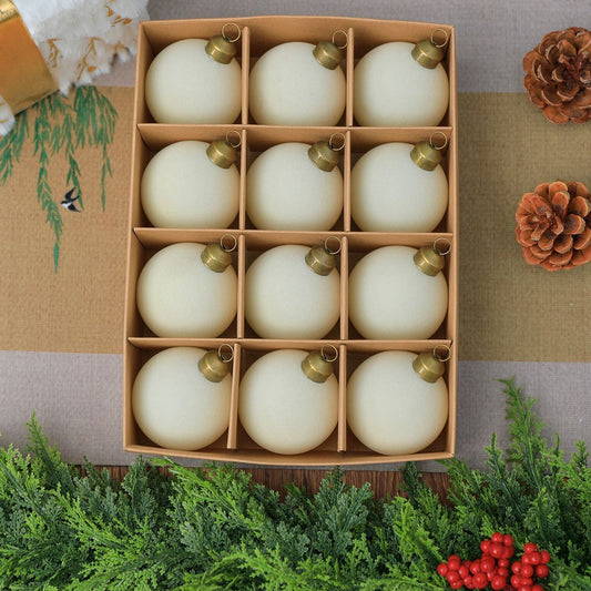 24pk Flocked Xmas Baubles Metal Cap, Off White 6cm Kemu |Fashion Home Kitchen Beauty