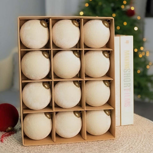 24pk Flocked Xmas Baubles Metal Cap, Off White 6cm Kemu |Fashion Home Kitchen Beauty