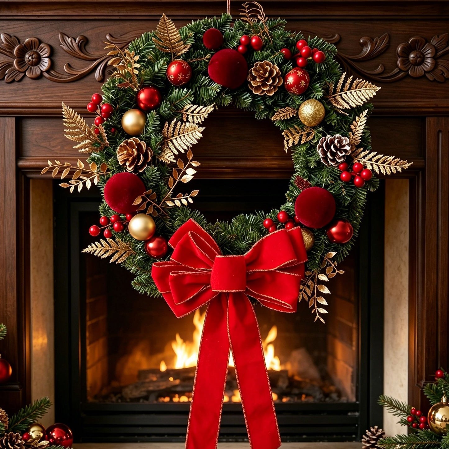 2pk Xmas Wreath Gold Leaf Red Bow, 60cm Diameter