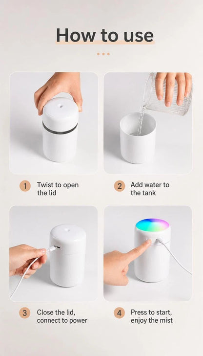 USB Mini Humidifier 300ML Dual Cotton Wicks Pink Boxed, Holiday Present