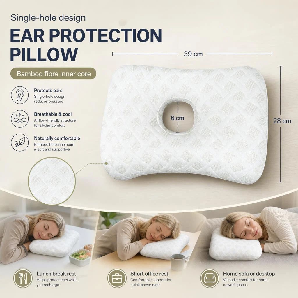 Skin-Friendly Single Hole Ear Pillow 39x28x6, Premium Soft Fabric, All Night Cozy Sleep Kemu |Fashion Home Kitchen Beauty