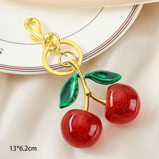 Lovely Red Cherry Bag Pendant with Twin Green Leaves, soft warm charm to brighten your everyday handbag styling Kemu |Fashion Home Kitchen Beauty