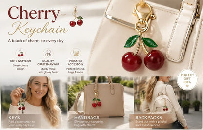 Tiny bubble pink cherry keyring decorated with golden leaves, creating light refreshing cheerful atmosphere all around