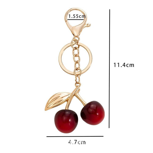 Compact red cherry bag charm with single gold leaf, gentle warm sweetness stays by your side anytime Kemu |Fashion Home Kitchen Beauty