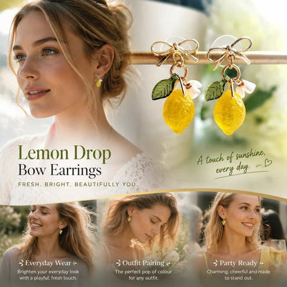 Sweet Floral Hook Earrings, Clear Lemon With Single Flower Leaf & Bowknot, Sold In Pairs