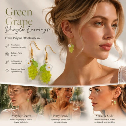 Soft Nature Drop Earrings, Transparent Green Grape Single Bloom And Leaf, One Pair