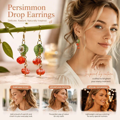 Sweet Harvest Hook Earrings, Two Clear Persimmons With Single Flower Leaf, One Pair