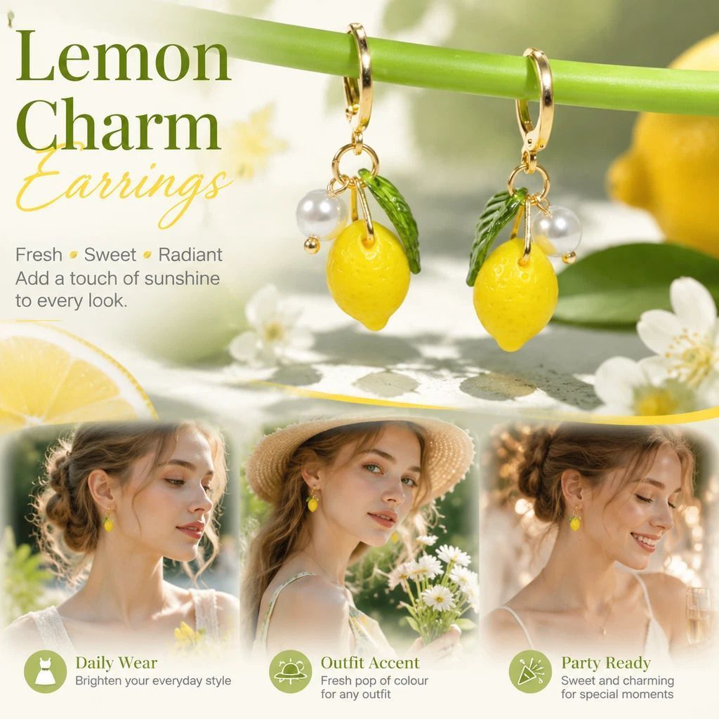 Minimal Hoop Drop Earrings, Lemon With Single Pearl And Leaf Detail, One Pair Kemu |Fashion Home Kitchen Beauty