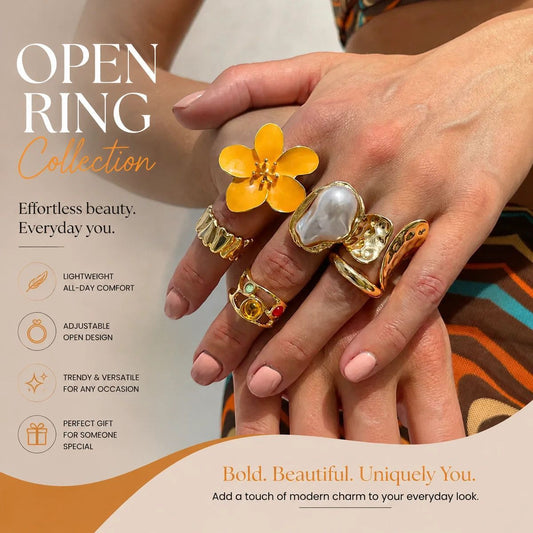 Artistic Liquid Lava Floral Ring Stack, Baroque Faux Pearl Gemstone Inlaid Finger Jewellery, Light Gold & Yellow Floral, 6 Pack Kemu |Fashion Home Kitchen Beauty