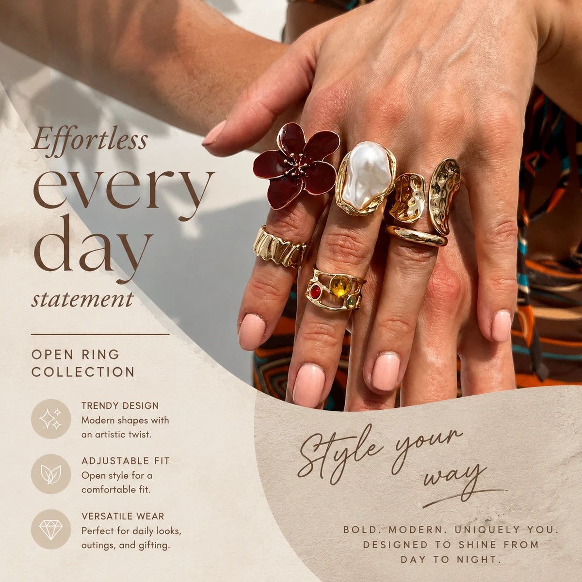 Unique Molten Textured Flower Ring Set, Vintage Imitation Pearl Crystal Stackable Bands, Light Gold & Deep Red Floral, 6 Pack Kemu |Fashion Home Kitchen Beauty