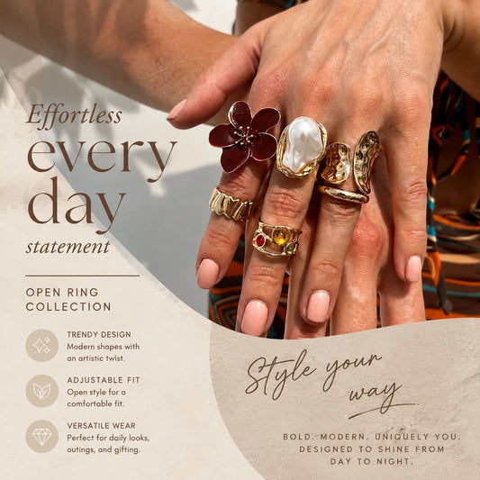 Unique Molten Textured Flower Ring Set, Vintage Imitation Pearl Crystal Stackable Bands, Light Gold & Deep Red Floral, 6 Pack Kemu |Fashion Home Kitchen Beauty