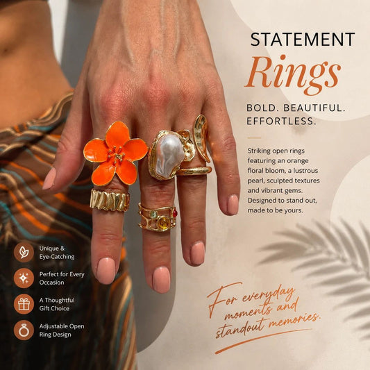 Creative Veined Lava Flower Ring Combo, Ins Style Baroque Pearl Rhinestone Finger Rings, Light Gold & Orange Floral, 6 Pack Kemu |Fashion Home Kitchen Beauty