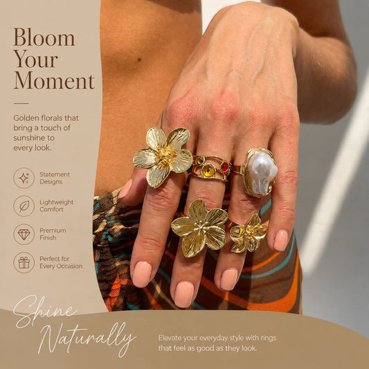 Trendy Multi-Size Lava Floral Ring Set, Retro Baroque Pearl Inlaid Stackable Finger Bands, Light Gold, 5 Pack Kemu |Fashion Home Kitchen Beauty