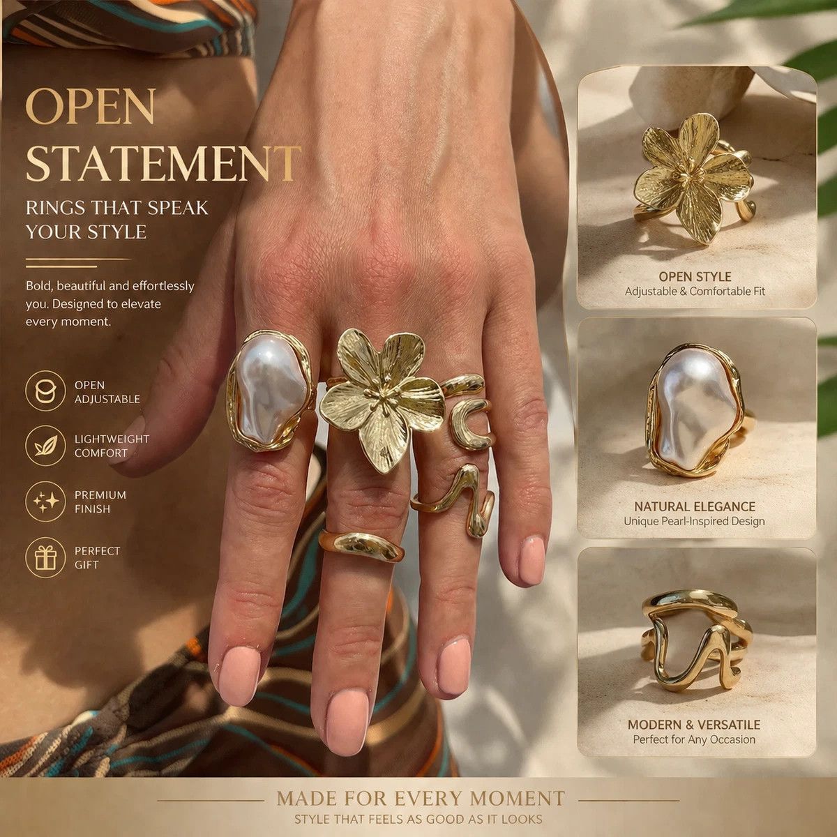 Eye-Catching Layered Floral Lava Ring Stack, Elegant Baroque Pearl Rhinestone Finger Ornaments, Light Gold, 5 Pack Kemu |Fashion Home Kitchen Beauty