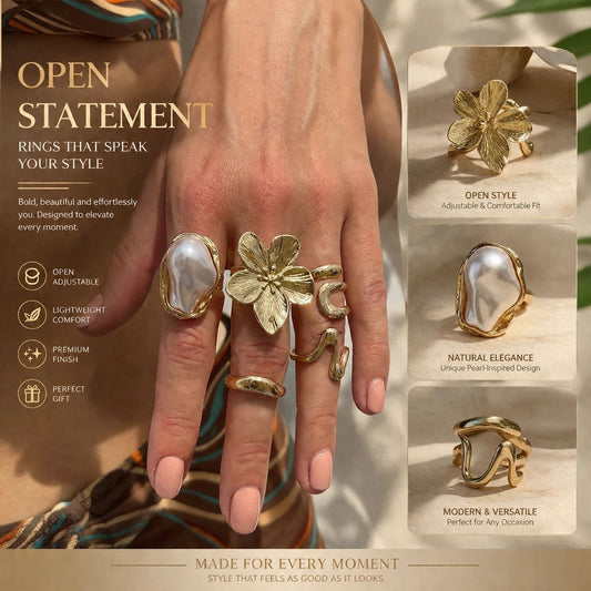 Eye-Catching Layered Floral Lava Ring Stack, Elegant Baroque Pearl Rhinestone Finger Ornaments, Light Gold, 5 Pack Kemu |Fashion Home Kitchen Beauty