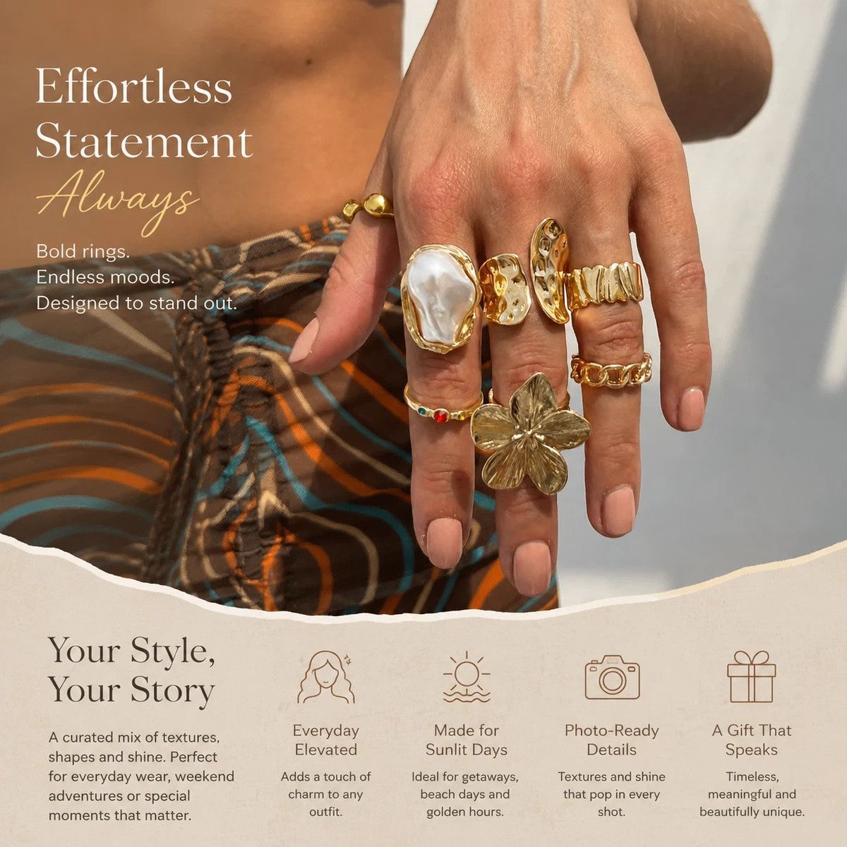 Modern Multi-Piece Floral Ring Collection, Luxe Pearl & Crystal Inlaid Stackable Finger Jewellery, Light Gold, 7 Pack Kemu |Fashion Home Kitchen Beauty