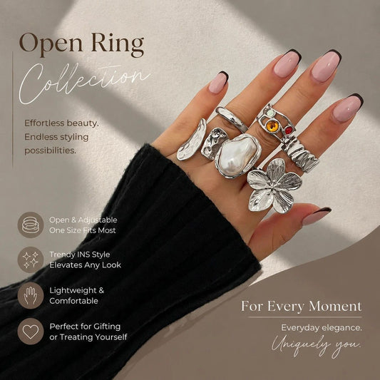 Sleek Mixed Metal Lava Flower Ring Set, Classic Baroque Faux Gem & Pearl Stackable Bands, Light Silver, 6 Pack Kemu |Fashion Home Kitchen Beauty