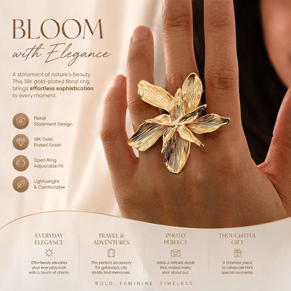 Minimalist Oversized Veined Lava Floral Single Open Ring, Retro Solid Matte Metal Flower Finger Ornament, Gold Floral Kemu |Fashion Home Kitchen Beauty