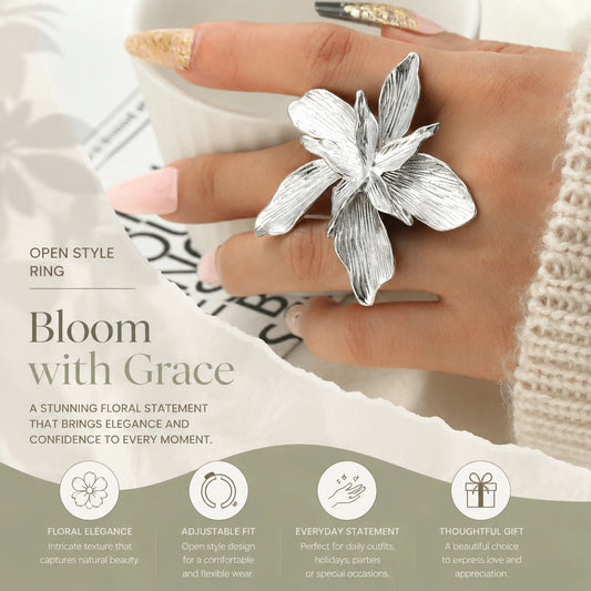 Delicate Molten Veined Large Flower Single Band Ring, Trendy Ins Textured Solid Metal Floral Finger Band, Silver Floral Kemu |Fashion Home Kitchen Beauty