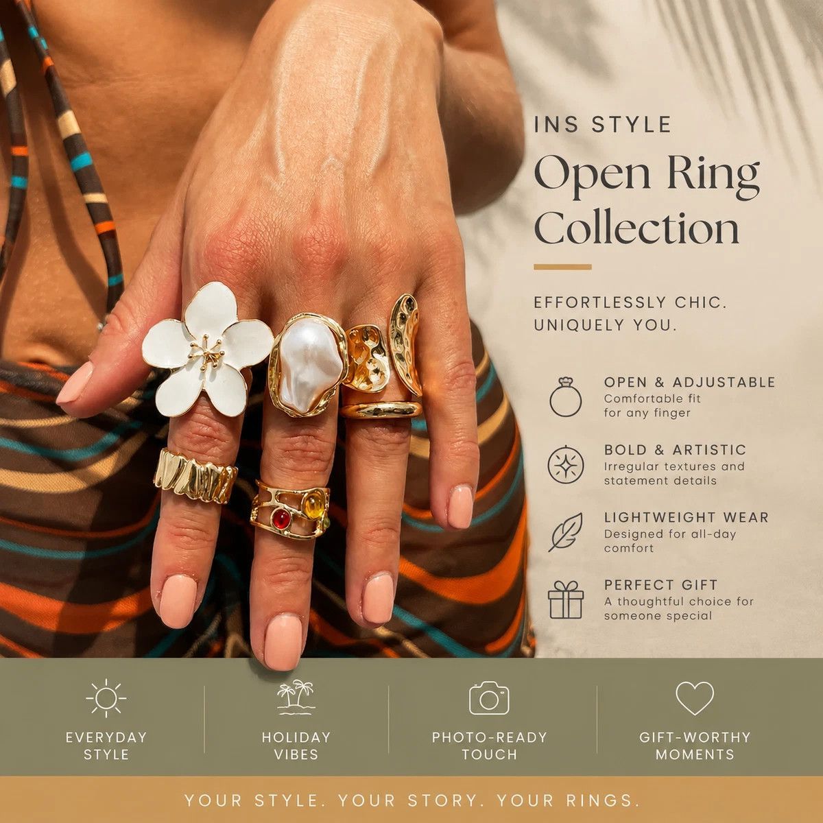 Exquisite White Textured Lava Flower Ring Set, Soft Baroque Pearl Inlaid Stackable Finger Bands, Light Gold & White Floral, 6 Pack Kemu |Fashion Home Kitchen Beauty