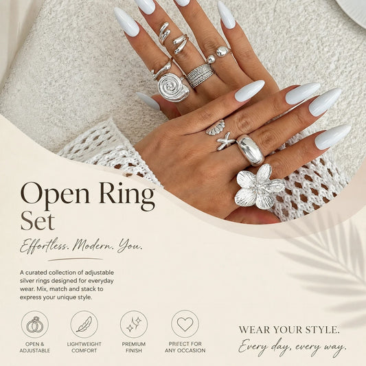Cool Mixed Tone Sculptural Floral Open Ring Kit, Ins Plain Textured Metal Flower Stackable Bands, Silver, 8 Pack Kemu |Fashion Home Kitchen Beauty
