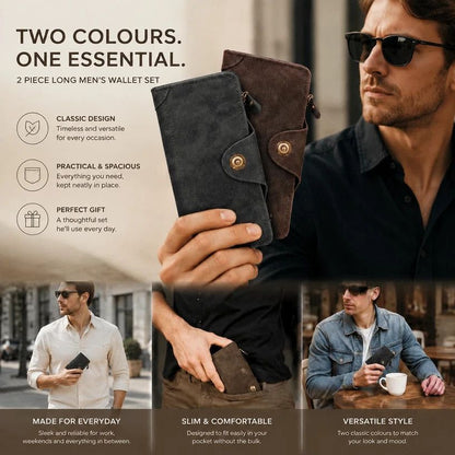 Dual Color Retro Long Men Billfold 2 Pcs Set, Magnetic Portable Hand Wallet, Exquisite Casual Present Bundle, Grey & Coffee Kemu |Fashion Home Kitchen Beauty