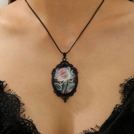 Simple Oval Cabochon Glass Alloy Necklace, Matte Black Plating, Cool Daily Ornament Gift For Club & Casual Trip Kemu |Fashion Home Kitchen Beauty