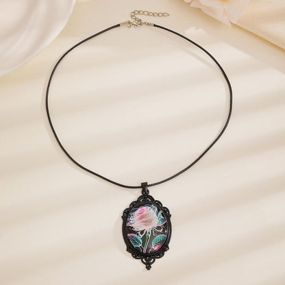 Simple Oval Cabochon Glass Alloy Necklace, Matte Black Plating, Cool Daily Ornament Gift For Club & Casual Trip Kemu |Fashion Home Kitchen Beauty