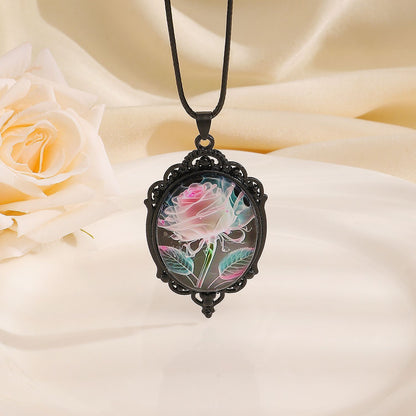 Simple Oval Cabochon Glass Alloy Necklace, Matte Black Plating, Cool Daily Ornament Gift For Club & Casual Trip Kemu |Fashion Home Kitchen Beauty