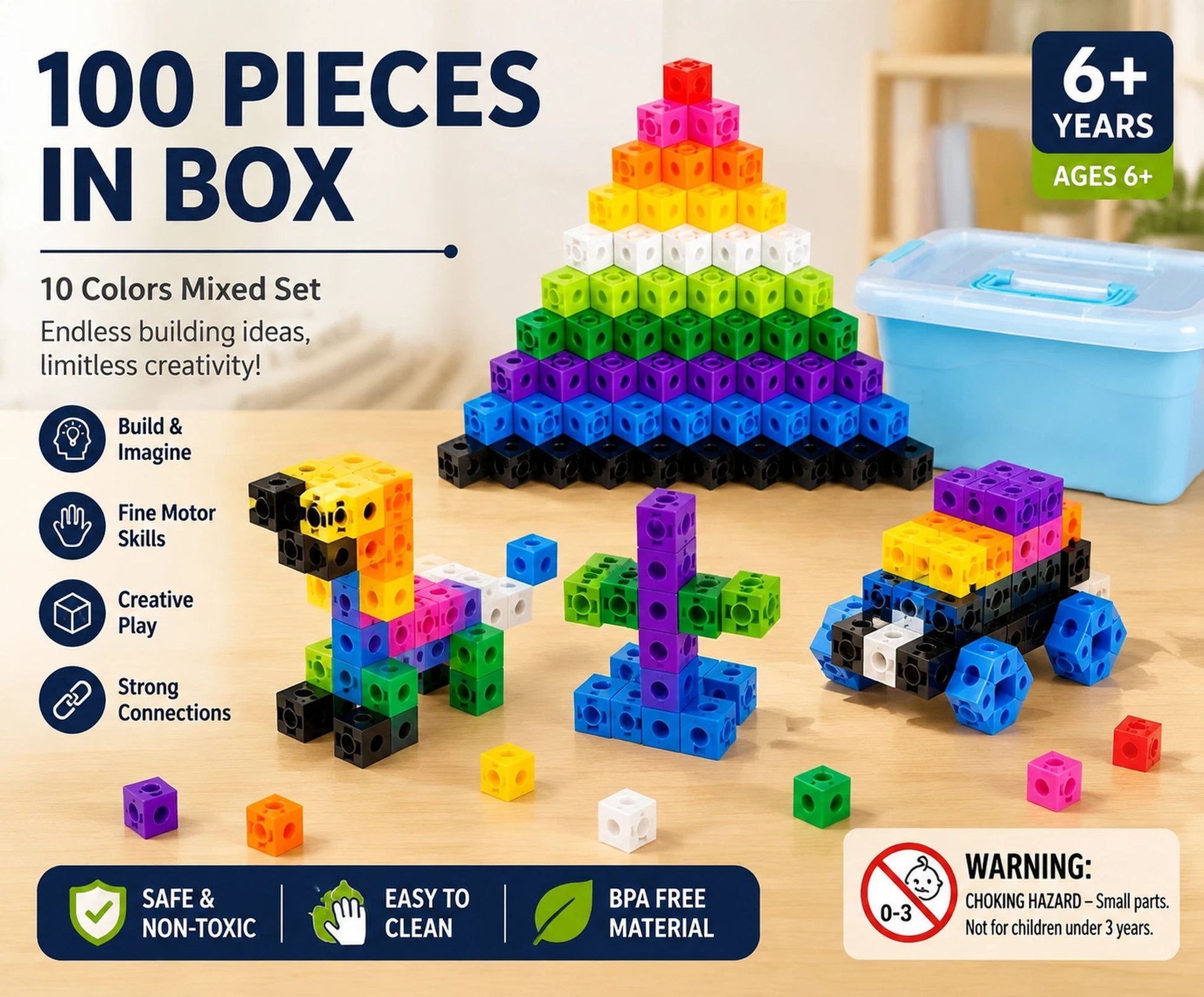 100pcs With Storage Box 10 Colors Mixed PP Square Blocks Kemu |Fashion Home Kitchen Beauty