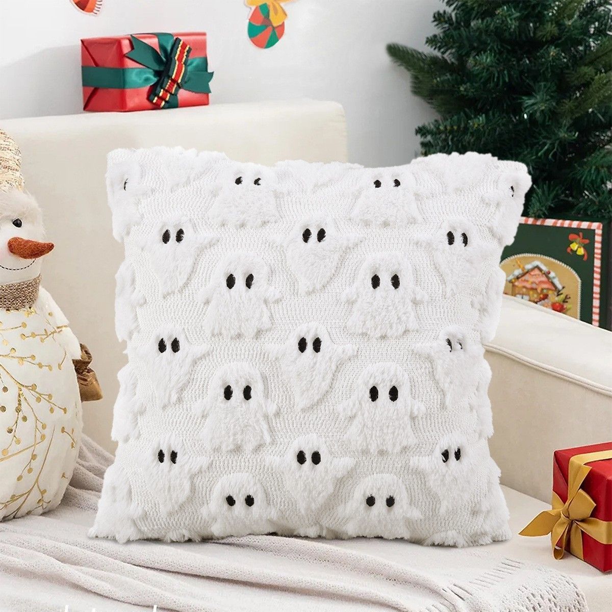 2PCS Halloween Decor Short Plush Cushion Shell, White Ghost Pattern Pillow Cover, Ideal For Living Room Couch Decor, 45x45cm, Pillow Insert Not Included Kemu |Fashion Home Kitchen Beauty