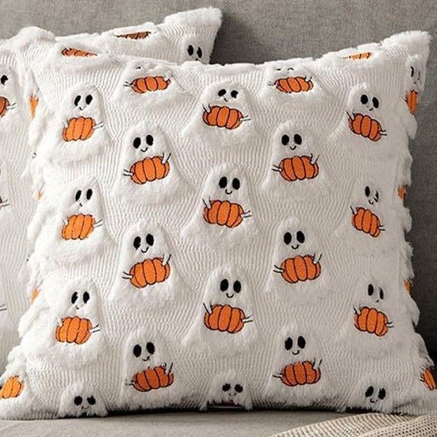 2PCS Short Plush Decorative Pillow Cover For Holiday Scene, Ghost Holding Pumpkin Printed Cushion Case, Home Interior Decoration, 45x45cm, Pillow Insert Not Included Kemu |Fashion Home Kitchen Beauty