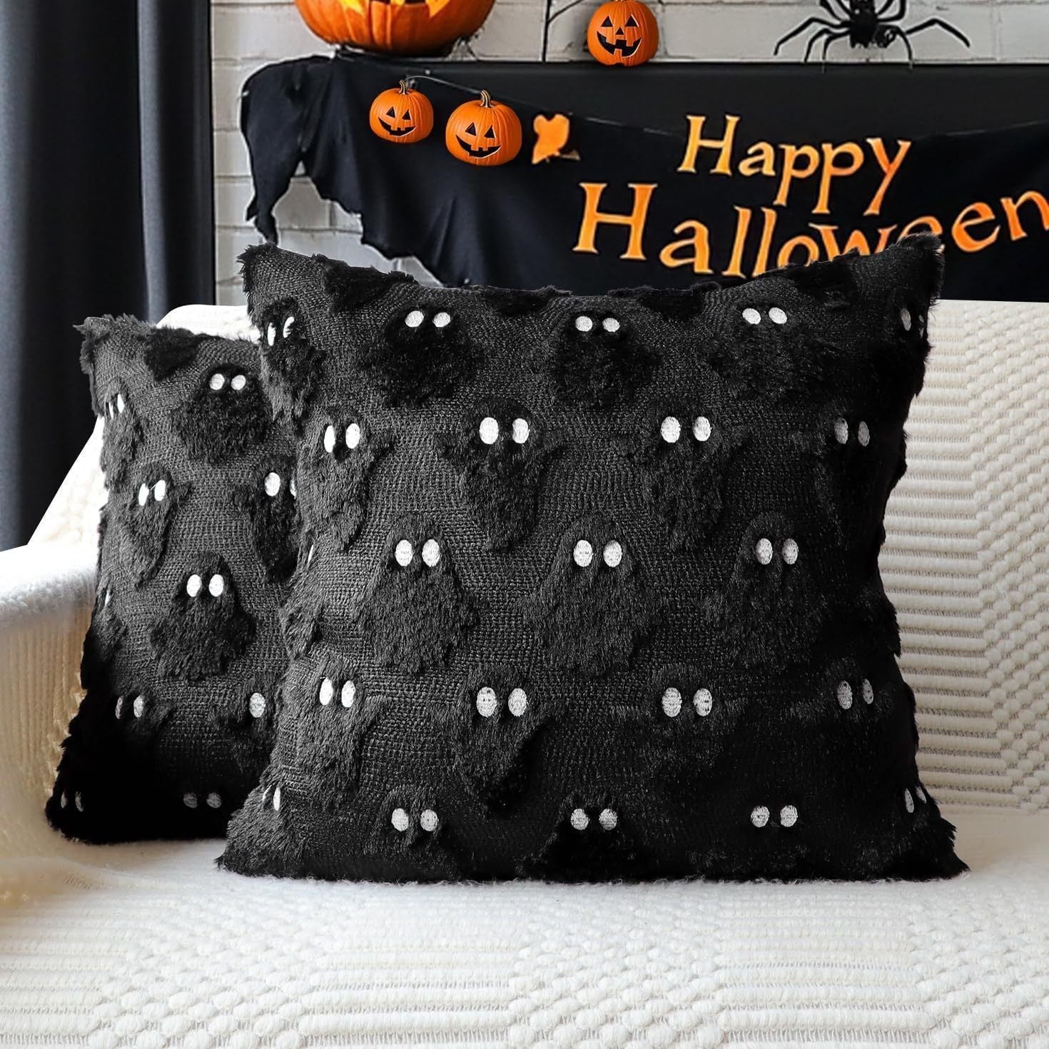2PCS Short Plush Decorative Pillow Cover For Holiday Scene, Ghost Holding Pumpkin Printed Cushion Case, Home Interior Decoration, 45x45cm, Pillow Insert Not Included Kemu |Fashion Home Kitchen Beauty
