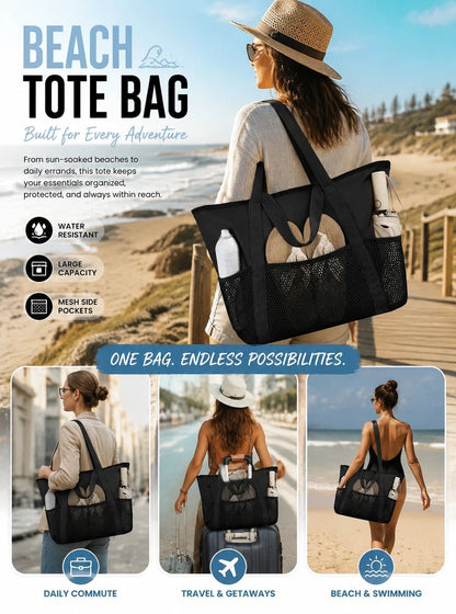 Solid Black Multi-purpose Waterproof Tote Large Beach Handbag Kemu |Fashion Home Kitchen Beauty