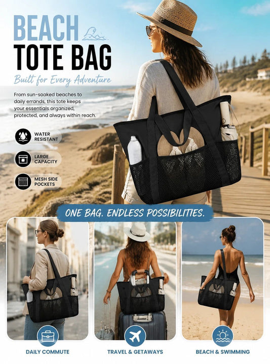 Solid Black Multi-purpose Waterproof Tote Large Beach Handbag Kemu |Fashion Home Kitchen Beauty