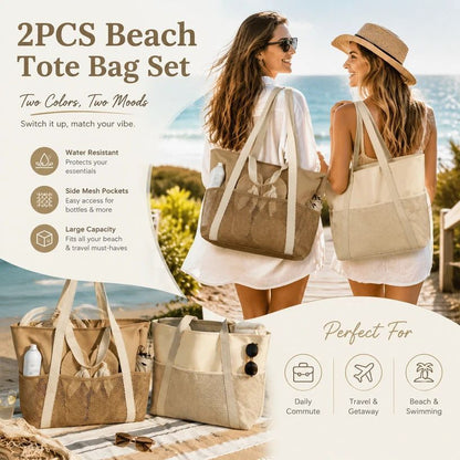 Beige & Brown Water Resistant Beach Tote Bag 2 Pieces Pack Kemu |Fashion Home Kitchen Beauty